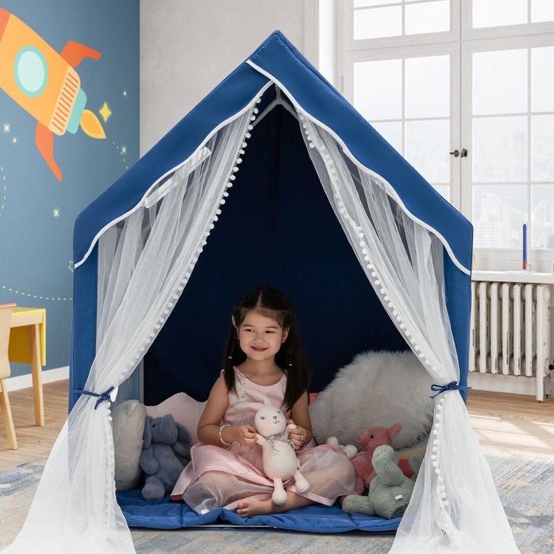 Blue Children's Indoor Play Tent with Cotton Mat and Mesh Curtains