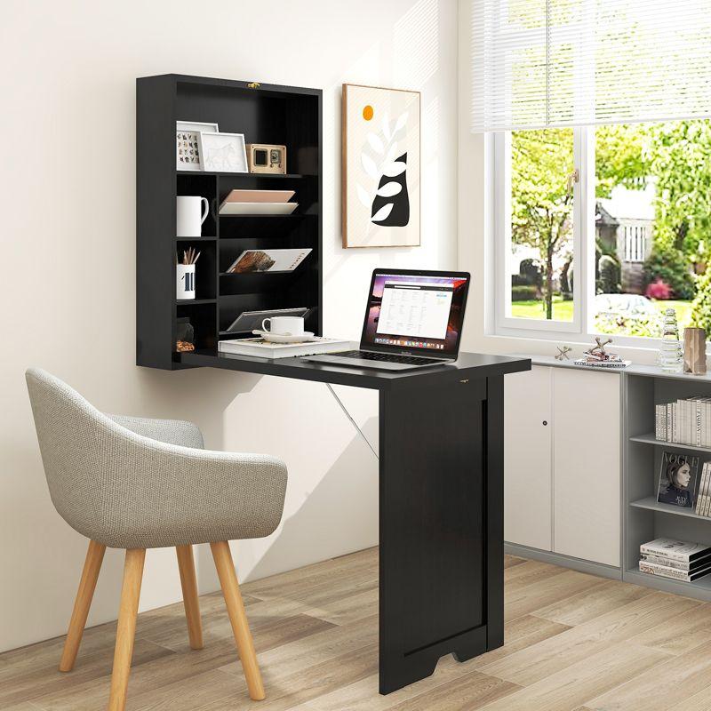 Costway Wall Mounted Computer Convertible Desk Floating Desk w/ Storage Bookcases Black