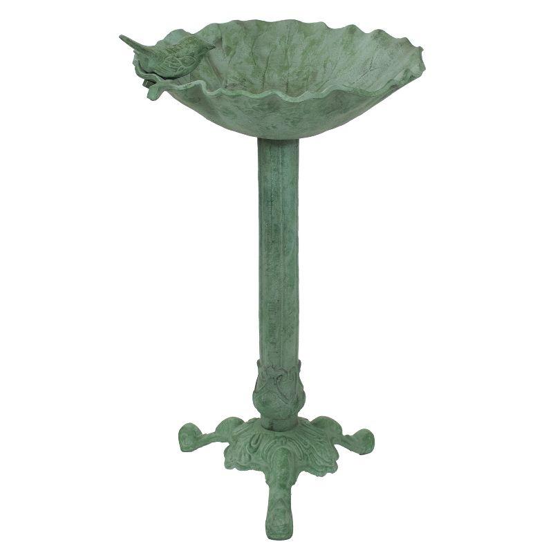 Autumnal Leaf Freestanding Cast Aluminum Outdoor Bird Bath - Green Patina