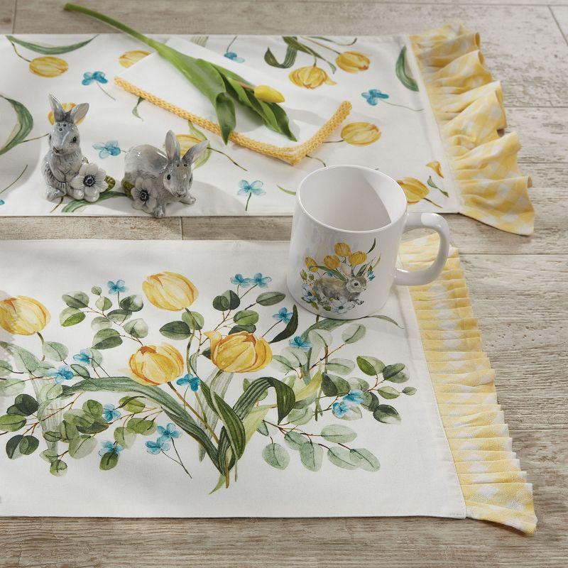 Yellow Tulip and Blue Floral Cotton Table Runner with Gingham Ruffle