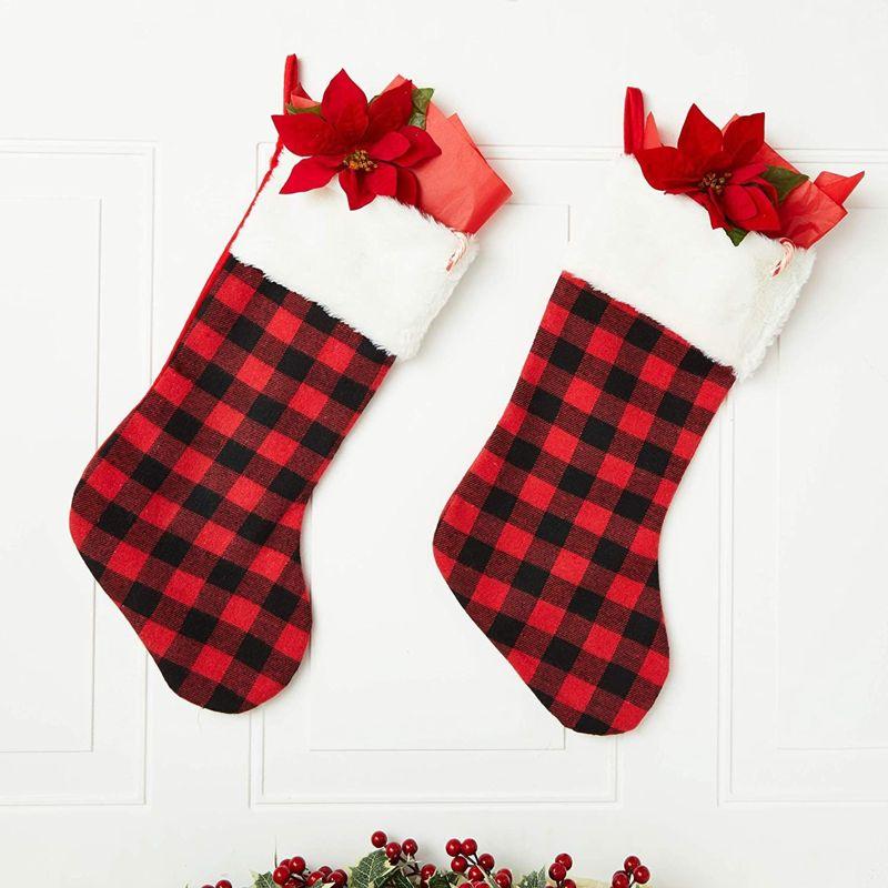 Rustic Red Buffalo Plaid Christmas Stockings with White Cuffs, 19.6 Inches, Set of 4