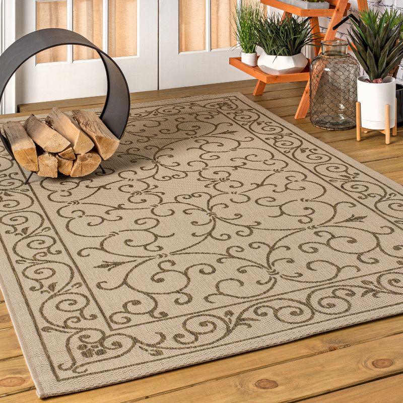 9' X 12' Charleston Vintage Filigree Textured Weave Indoor/Outdoor Area Rug, Beige/Brown - JONATHAN Y