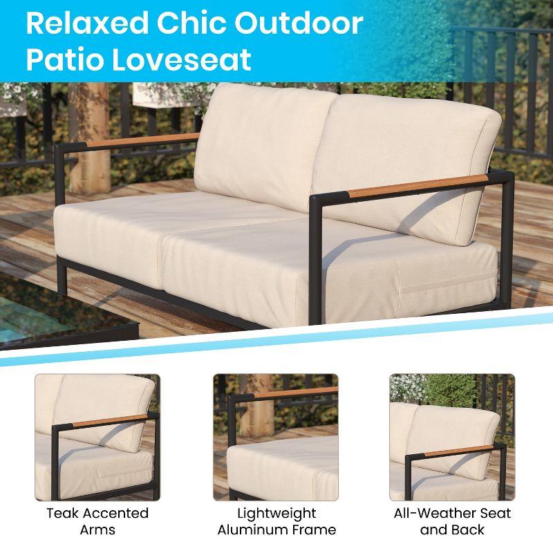 Emma and Oliver Black Aluminum Frame Loveseat with Teak Arm Accents and Beige Cushions