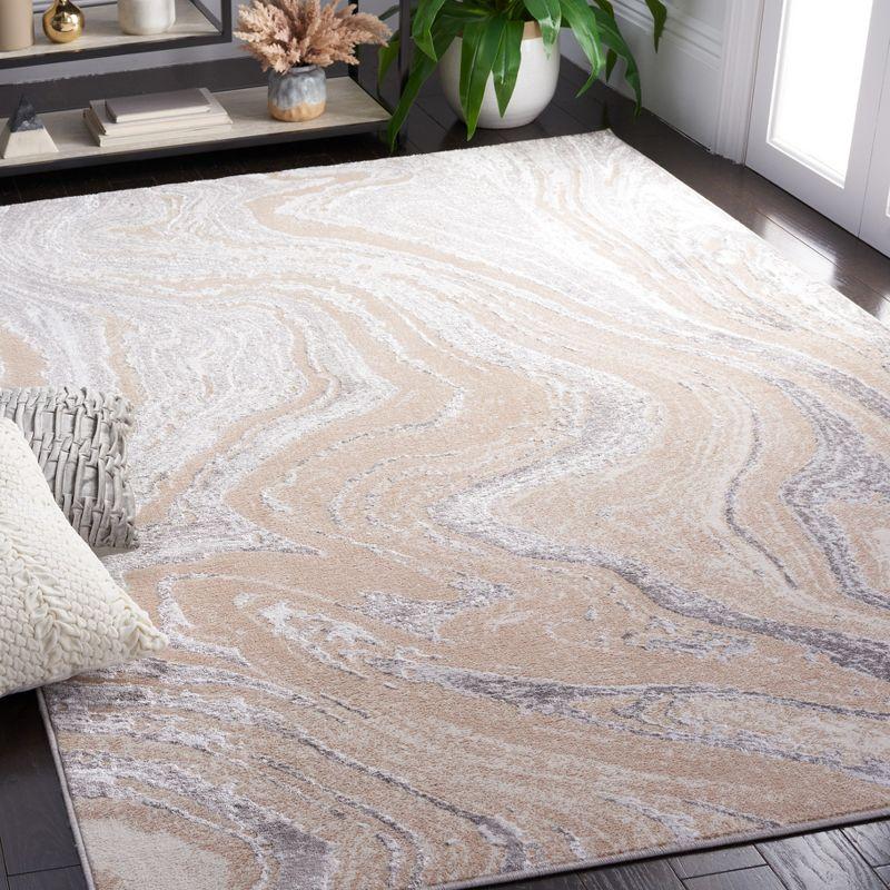 Abstract Beige and Grey Hand-Knotted Synthetic Area Rug