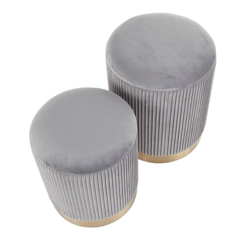 LumiSource Marla Contemporary Nesting Pleated Ottomans Gold/Gray: Velvet Upholstered, Metal Legs, No Assembly Required