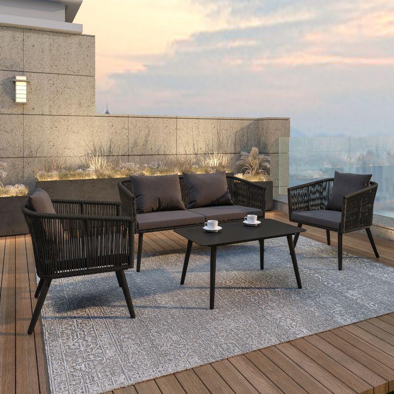 Flash Furniture Kierra Black All-Weather 4-Piece Woven Conversation Set with Gray Zippered Removable Cushions & Metal Coffee Table