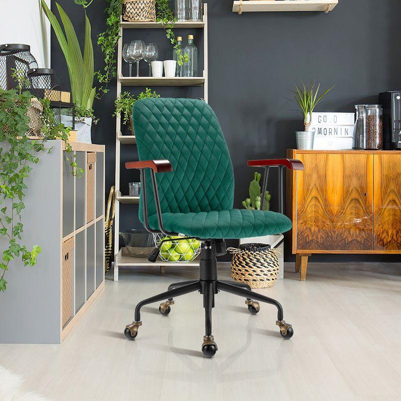 Green Velvet Adjustable Swivel Task Chair with Wooden Armrests