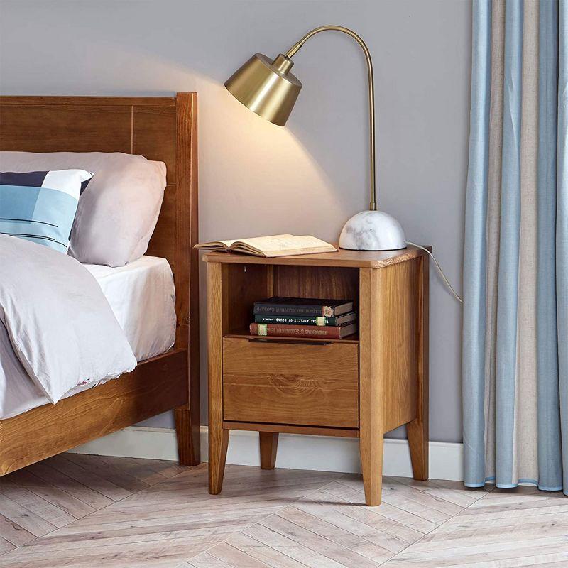 MUSEHOMEINC California Classic 1 Drawer Wooden Bedroom Nightstand Living Room End Table with Open Cabinet and Tapered Legs, Honey Brown