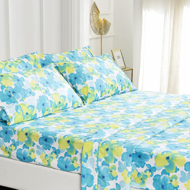 King Size Blue and Yellow Floral Microfiber Sheet Set