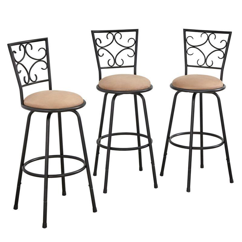 Adjustable Black Metal Swivel Barstools with Tan Microfiber Seats, Set of 3