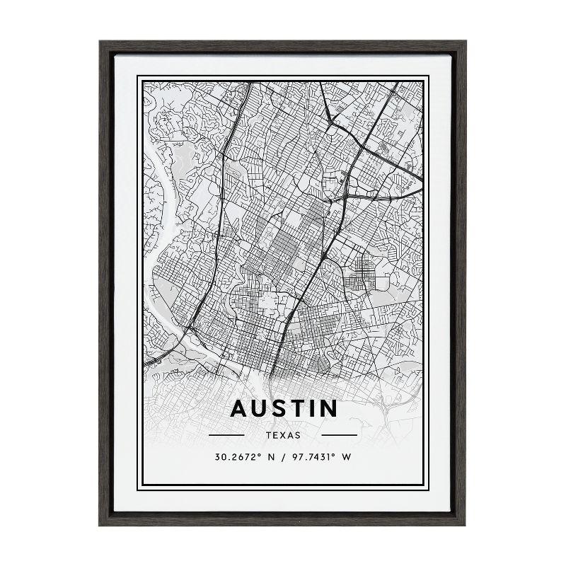 Austin Modern Map Framed Canvas Wall Art, 18x24, Dark Gray