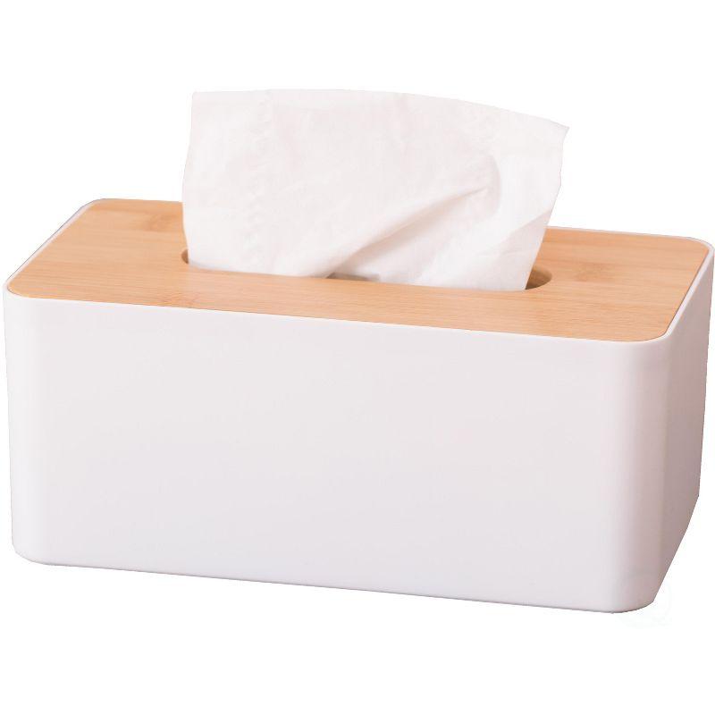 White and Bamboo Rectangular Tissue Box with Removable Lid