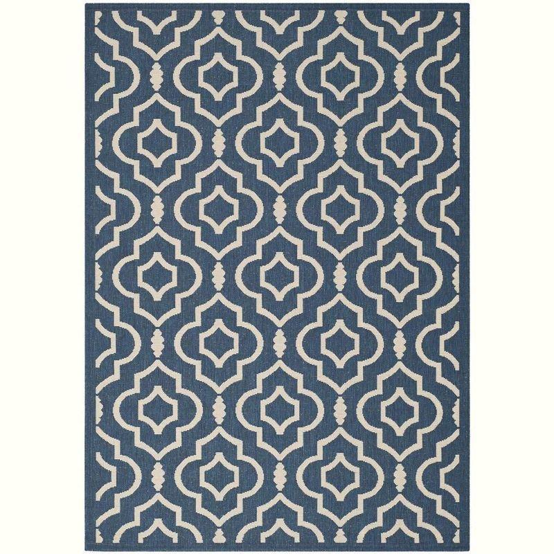 Navy and Beige Geometric Low Pile Outdoor Area Rug