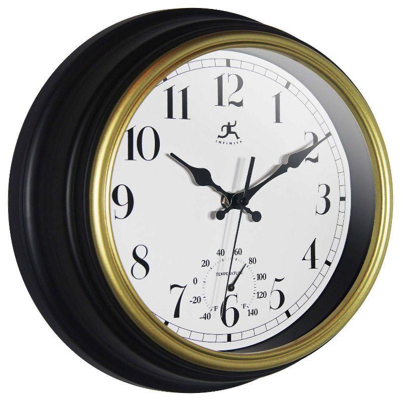 12-Inch Black and Gold Round Wall Clock with Thermometer