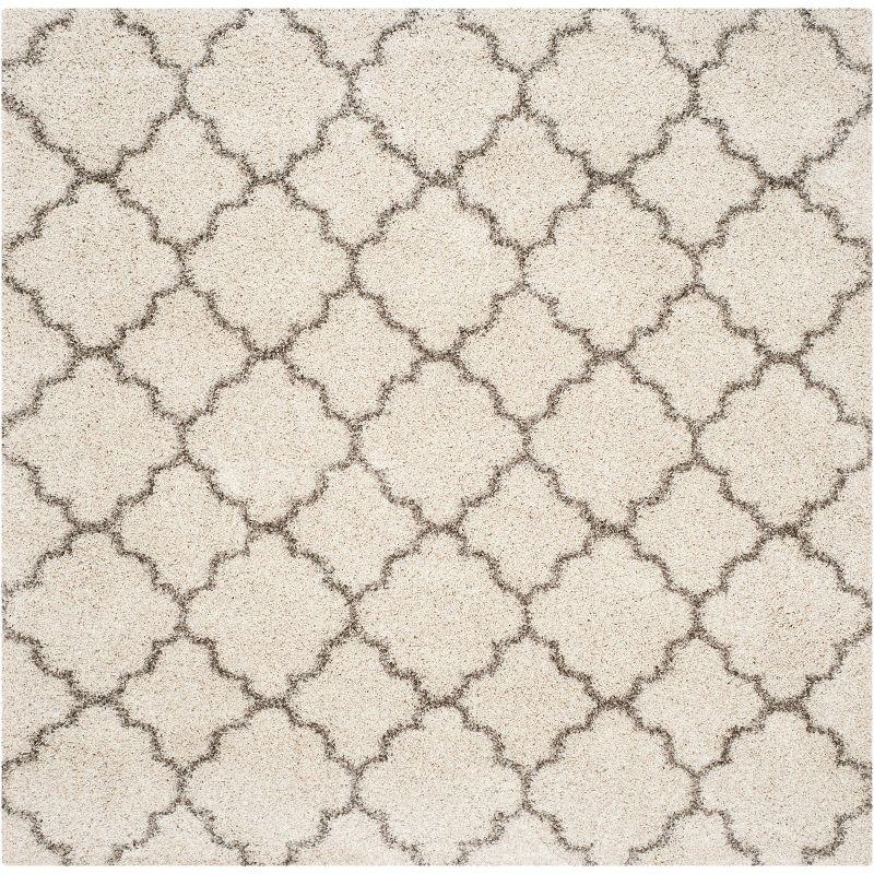 Ivory and Grey Square Trellis Shag Rug, Hand-Knotted, Easy Care