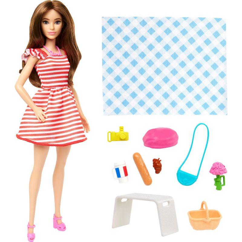 Barbie Pink Passport Paris Doll Set with Clothes & Picnic Accessories, Includes Brunette Doll