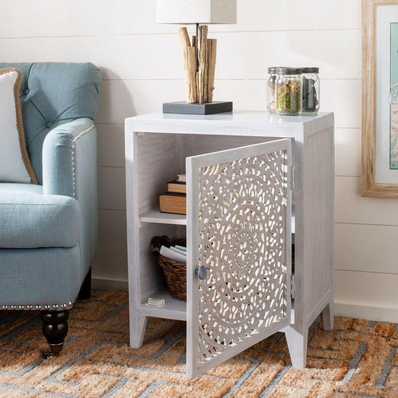 Thea White Washed Carved Wood 1-Door Nightstand