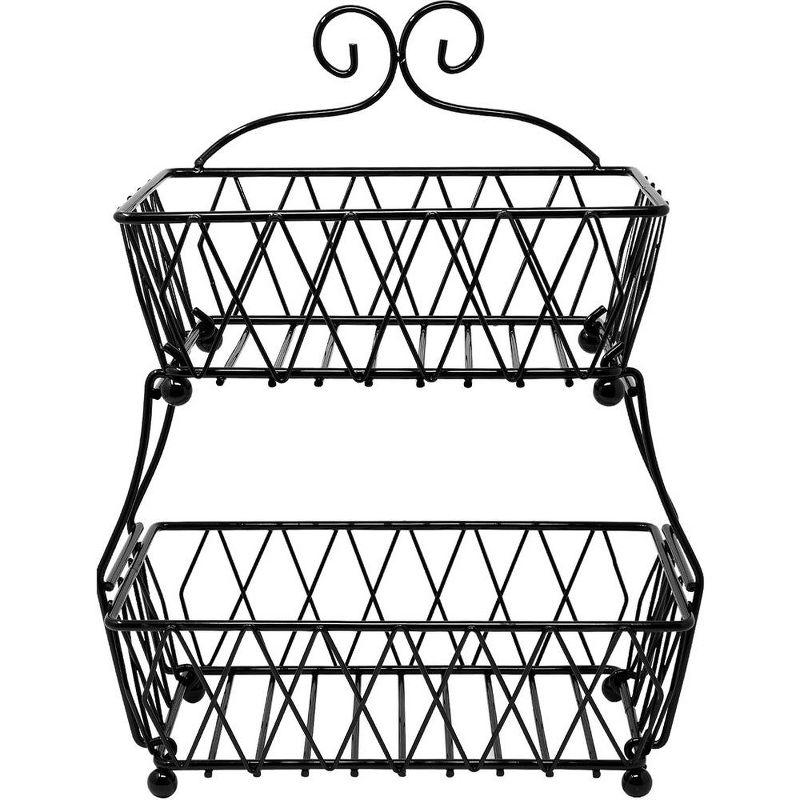 2-Tier Fruit Bread Basket Display Stand, Counter Storage for Kitchen, Bathroom, Rectangular Antique Metal