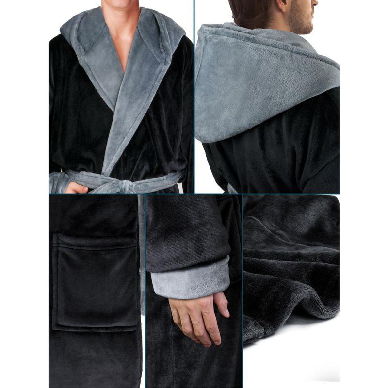 PAVILIA Mens Robe, Hooded Soft Bathrobe for Men, Fleece Plush Warm Shawl Collar Hood Pockets for Bath Shower Spa (Black/Gray, One Size)