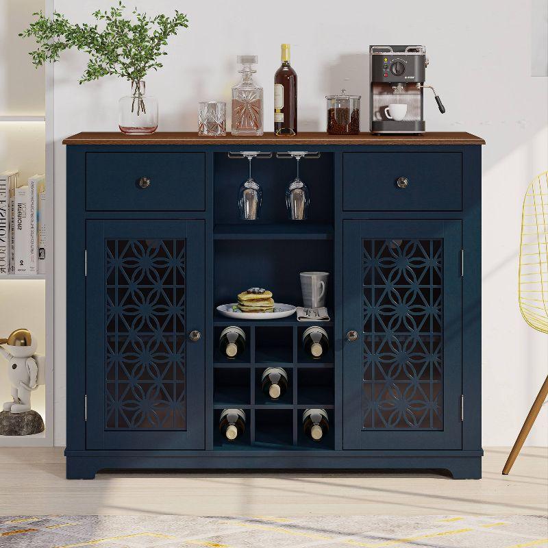 47" Wine Cabinet with Glass Doors Feature and Silk Screened Pattern Design Navy Blue - Festivo