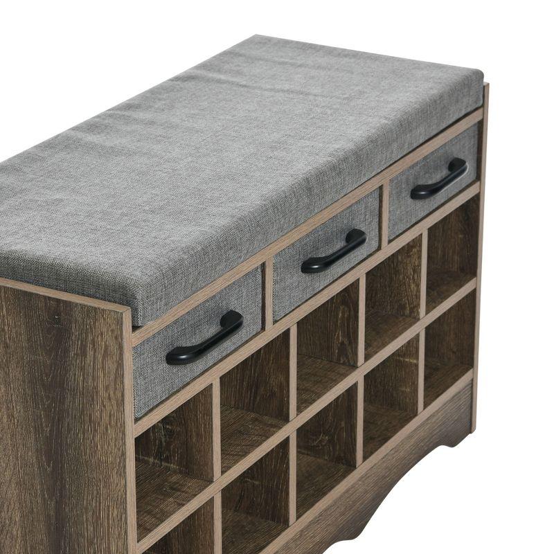 Entryway Storage Bench with 3 Drawers, 10 Shoe Compartments and Cushioned Seat