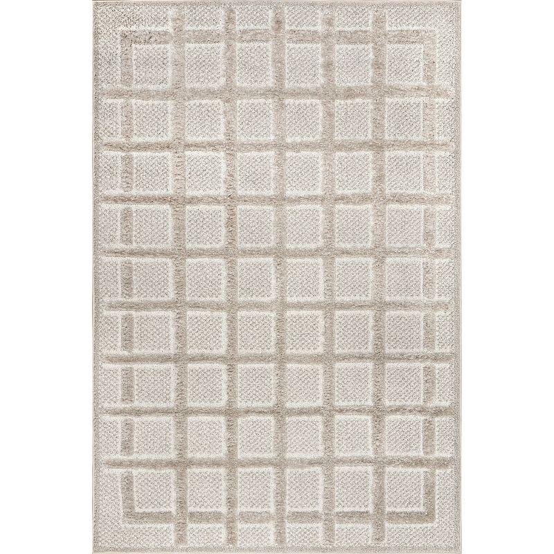 Ivory and Beige Checkered High Pile 4' x 6' Area Rug