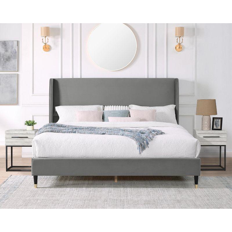 Roundhill Furniture Arles 3-Piece Upholstered Bedroom Set, Wingback Platform Bed with Two Nightstands Gray Velvet Queen