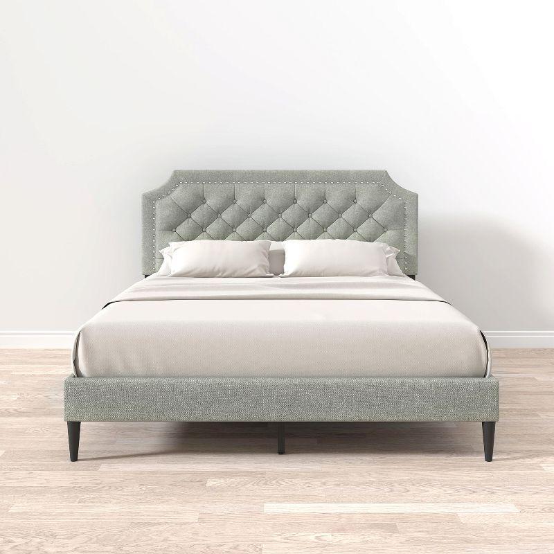 Glenwillow Home Curta Upholstered Platform Bed, Clipped Nailhead Trim with Button Tufting, Mattress Foundation, No Box Spring Needed, Stone, Queen