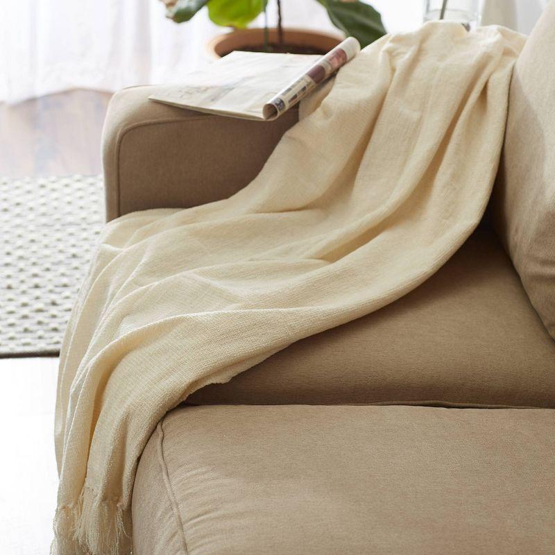 Cream Knitted Chenille Throw Blanket with Fringe