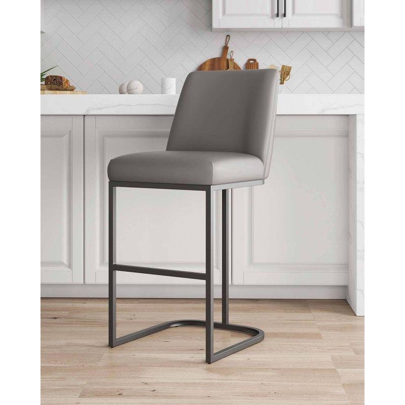 Manhattan Comfort Serena Leatherette Upholstered Metal Barstool Gray: Sled Base, Padded Back, Fixed Height