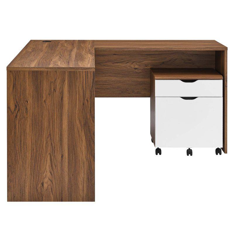 Walnut and White L-Shaped Desk with File Cabinet