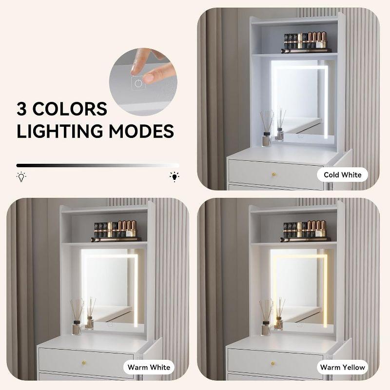 White Small Vanity Desk Set with Mirror and Lights Makeup Table with Drawer, Storage Chair, and Fold-up Panel for Small Space Bedroom