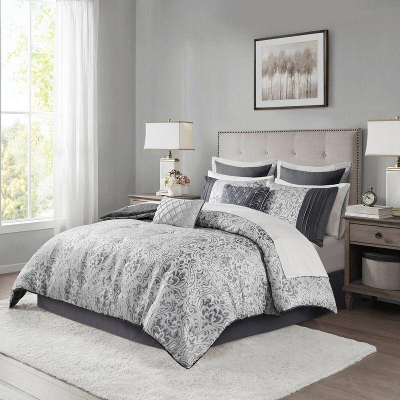 Madison Park 12pc King Grace Jacquard Comforter Set with Bed Sheet Silver