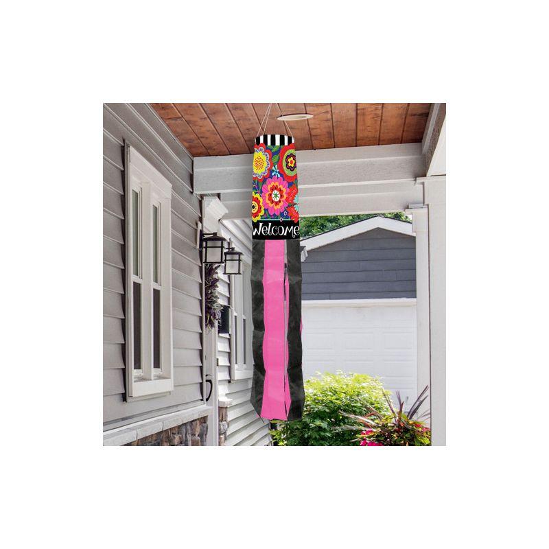 Bright Floral Spring Windsock with Pink and Black Tails