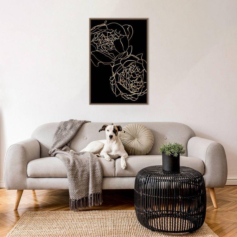 23"x33" Peonies in gold and black by Rosana Laiz Blursbyai Framed Canvas Wall Art Print Bronze - Amanti Art: Vertical Lithograph, Modern Decor