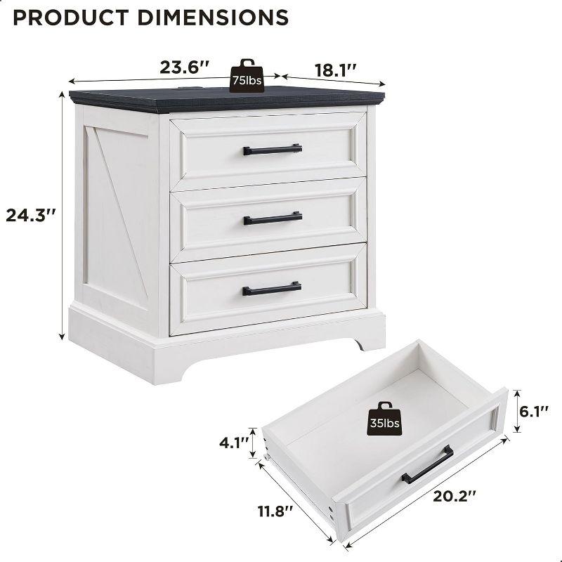 24" Wide Farmhouse Nightstand with Charging Station & 3 Drawers & Handles, End Table for Bedroom, Living Room