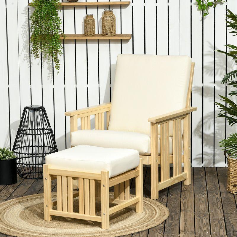 Beige Cushioned Wooden Outdoor Lounge Chair and Ottoman Set for 2