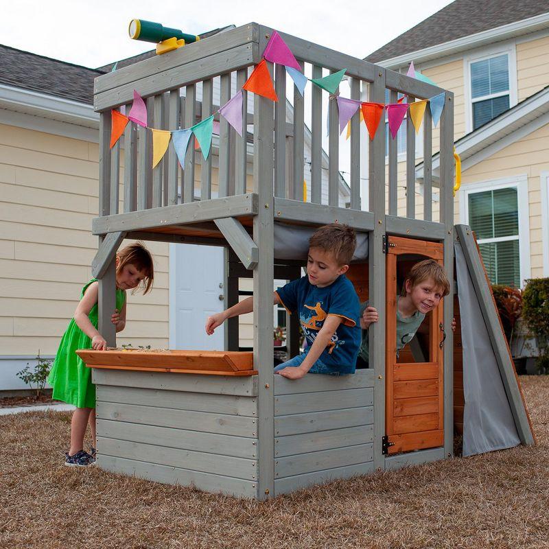 Funphix Lookout Post Outdoor Wooden Playhouse, Buildable Kids Backyard Playset with Climbing Ramp