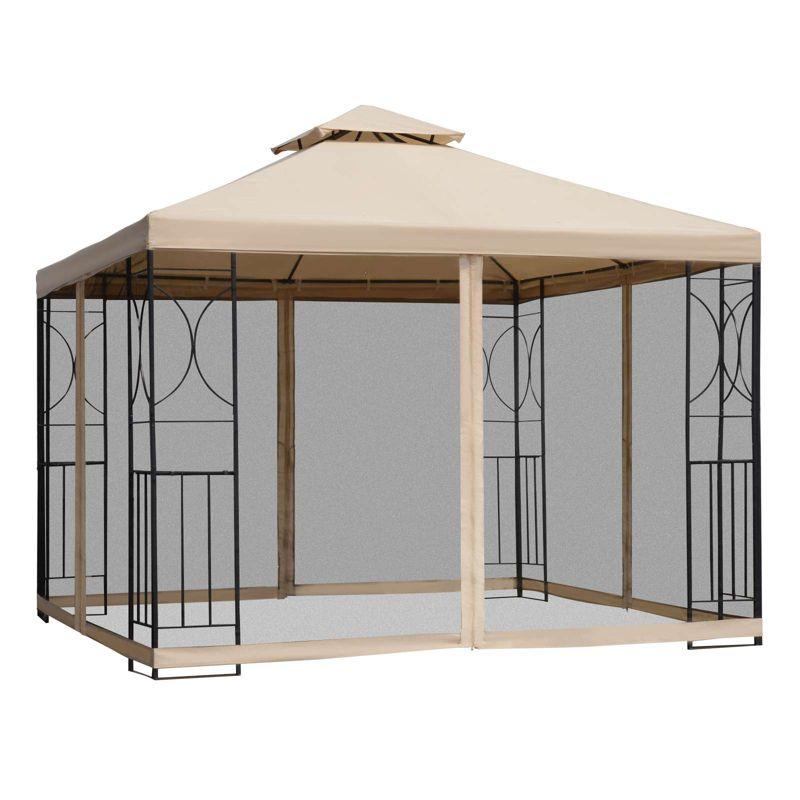 Outsunny 10' x 10' Steel Outdoor Patio Gazebo Canopy with Privacy Mesh Curtains, Weather-Resistant Roof, & Storage Trays