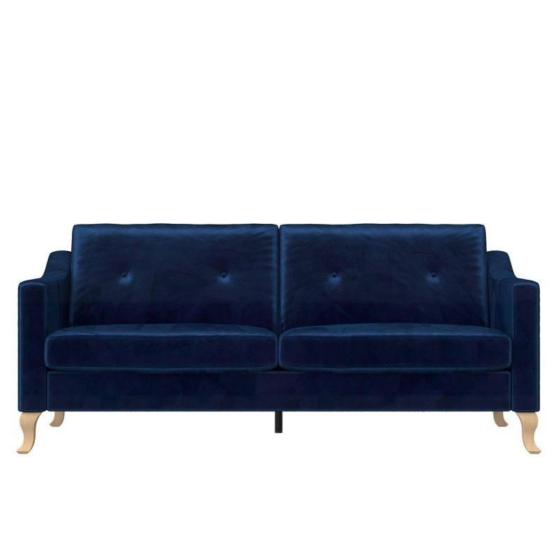 Luxe Blue Velvet Tufted Sofa with Sloped Arms and Wood Accents