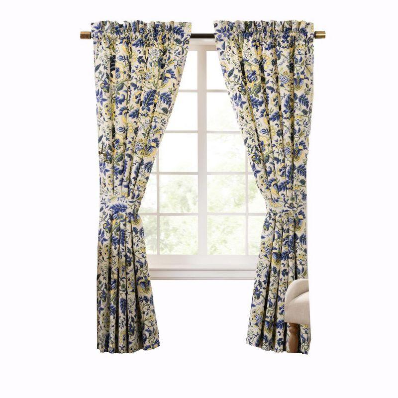 Blue Floral Cotton Polyester Room-Darkening Curtain Panel Pair