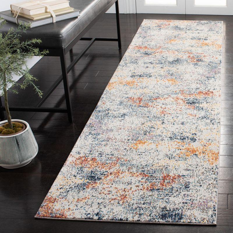 Ivory and Blue Abstract Hand-knotted Runner Rug