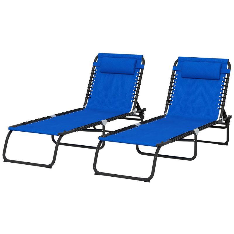 2 Folding Chaise Lounge Pool Chairs with 4-Position Reclining Back, Pillow, Breathable Mesh & Bungee Seat, Blue