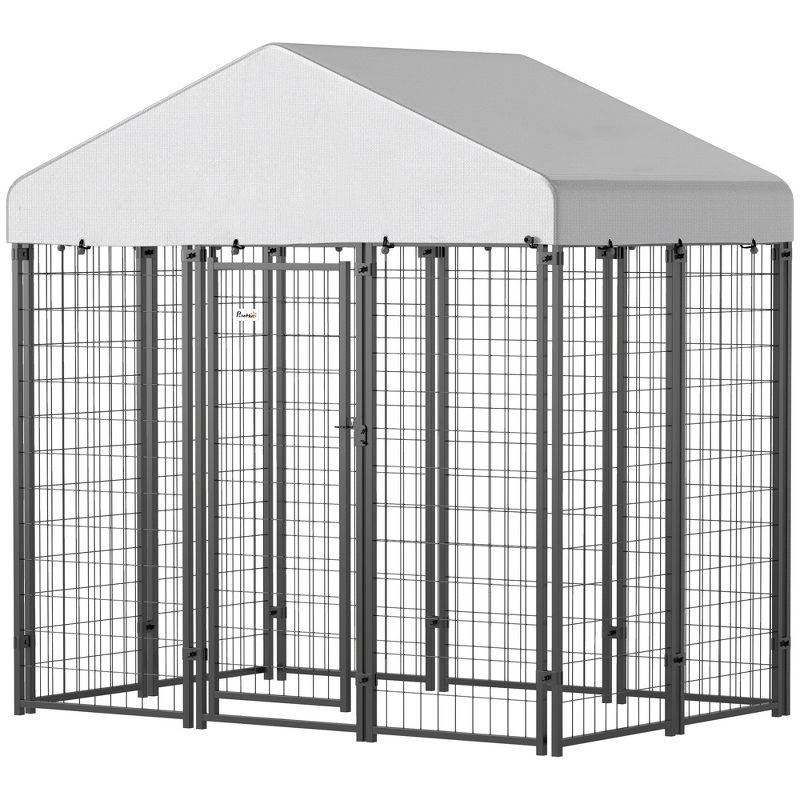 PawHut Outdoor Dog Kennel with Roof, Welded Wire Dog Playpen Enclosure with Escape-proof Lock, UV-Resistant & Waterproof Cover, 5.9' x 4' x 6', Silver