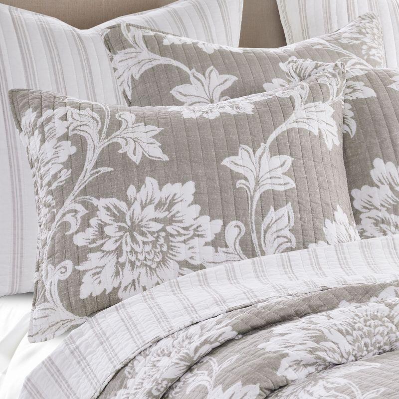 Gray Cotton Reversible Floral Full Quilt Set