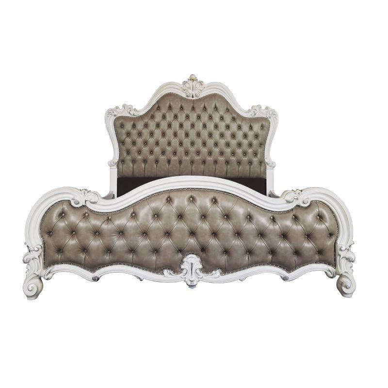 99" Queen Bed Versailles Vintage Gray PU Leather, Button Tufted - Acme Furniture: Claw & Ball Feet, Fluted Crown