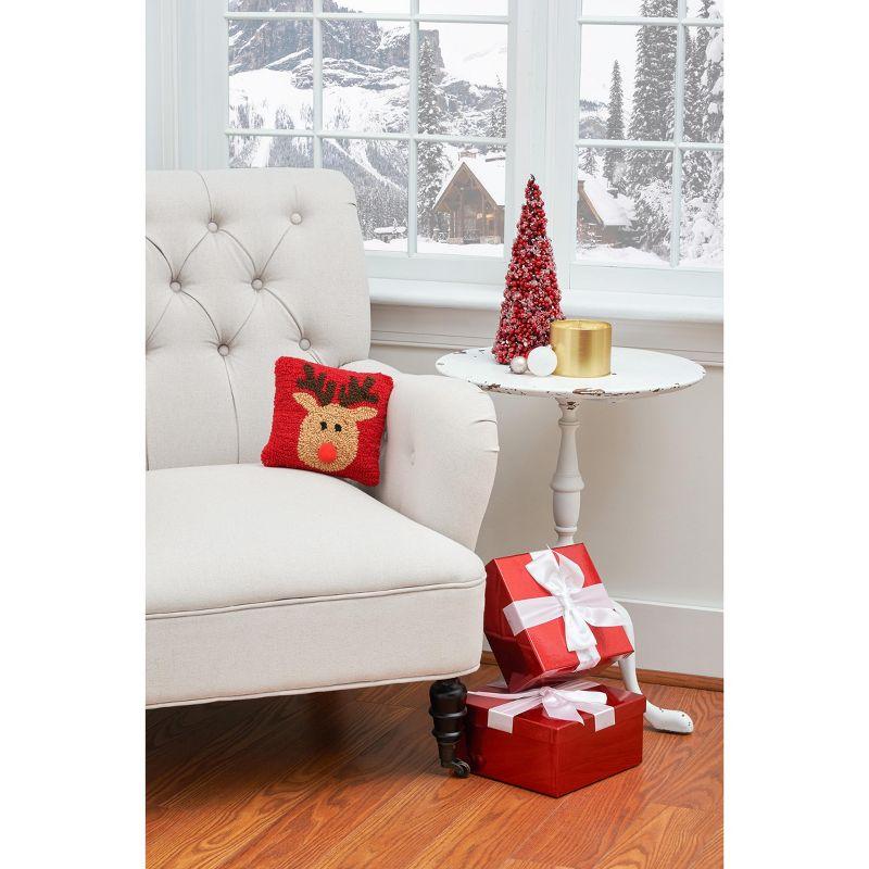 Reindeer Games Reindeer with Red Nose on Red Background Petite Accent Hooked Christmas Pillow