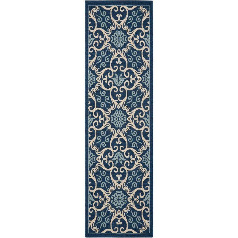 Navy Floral Synthetic Easy Care Outdoor Area Rug