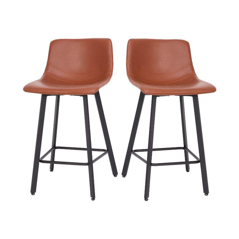 Cognac Faux Leather and Matte Black Metal Counter Stools, Set of 2