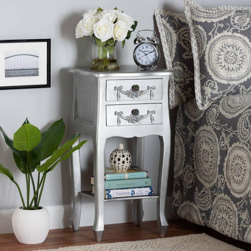 Eliya Brushed Wood 2 Drawer Nightstand Silver - Baxton Studio: Solid Frame, Open Shelf, Fully Assembled